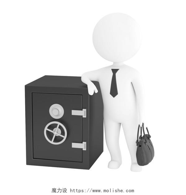 白色卡通3D立体拎着包靠在保险柜上的小人元素3D小人